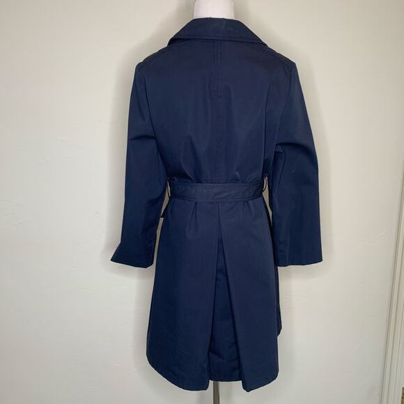 Navy Blue Vintage 70s 80s Trench Coat Horn Button Style Belted Classic Medium - Picture 2 of 15
